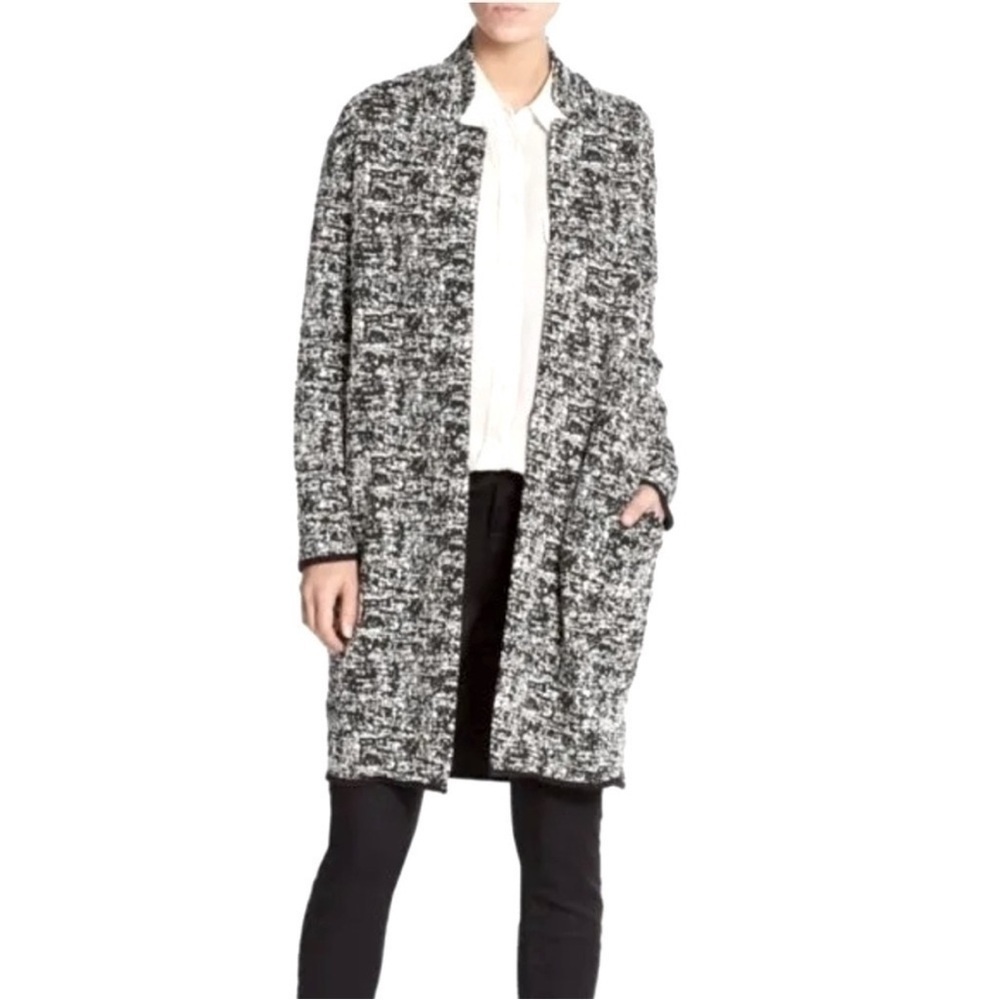 ANTHROPOLOGIE Philosophy Cardigan Long Blazer Black White Open Front Jacket L